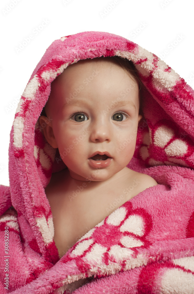 Little baby boy dressed in a rosy bathrobe Little baby boy dressed in a rosy bathrobe