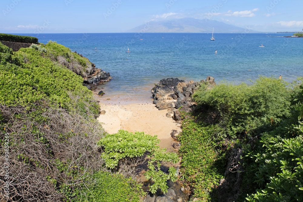 Tropical coast with ocean and island. Maui. Hawaii. Polo Beach.
