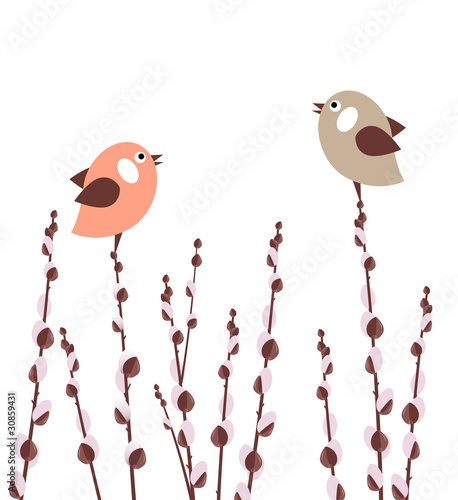 Pussy willow branches with small stylized birds