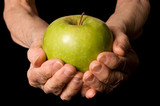 Apple in a hand of the old woman on the black