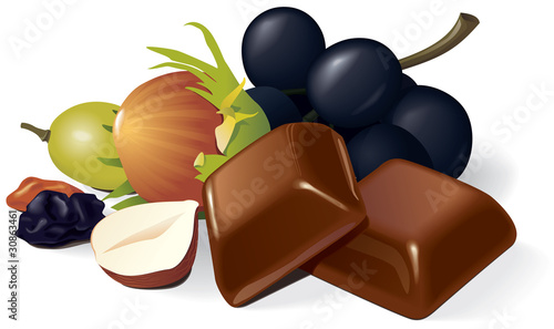 Chocolate, raisins, grapes, hazelnuts composition
