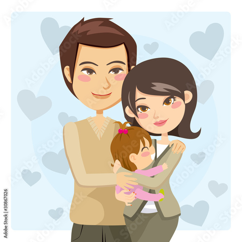 Happy parents embracing cute daughter on their arms