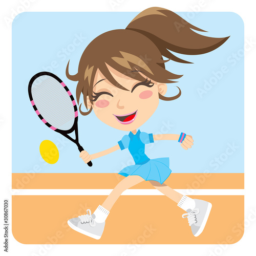 Pretty young brunette girl playing tennis actively