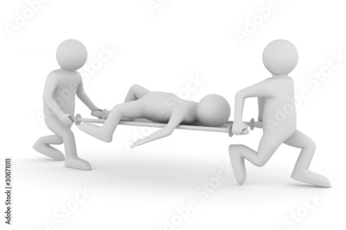 Hospital attendants transfer patient on stretcher. Isolated 3D i