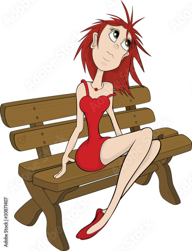 The girl on a bench. Cartoon