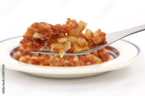 Canvas-taulu Corned beef hash on fork