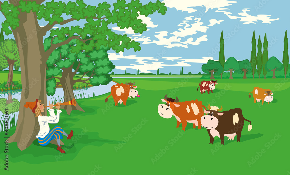 Naklejka premium Herd of cows grazing in the meadow
