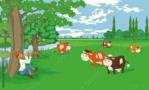 Herd of cows grazing in the meadow