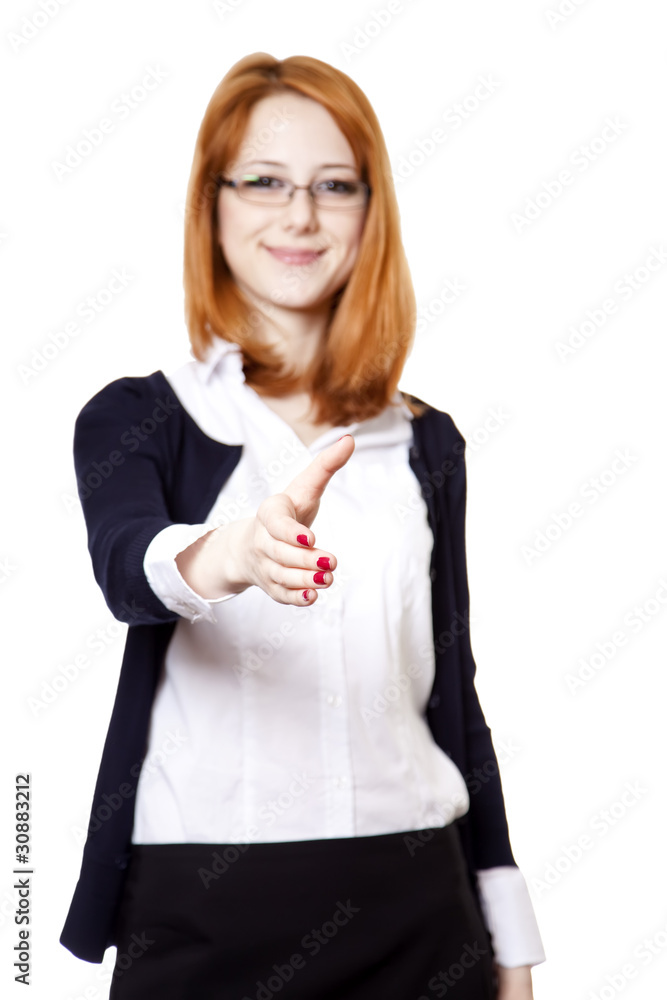 Business woman smiling and hold hand for handshake. Business woman smiling and hold hand for handshake.