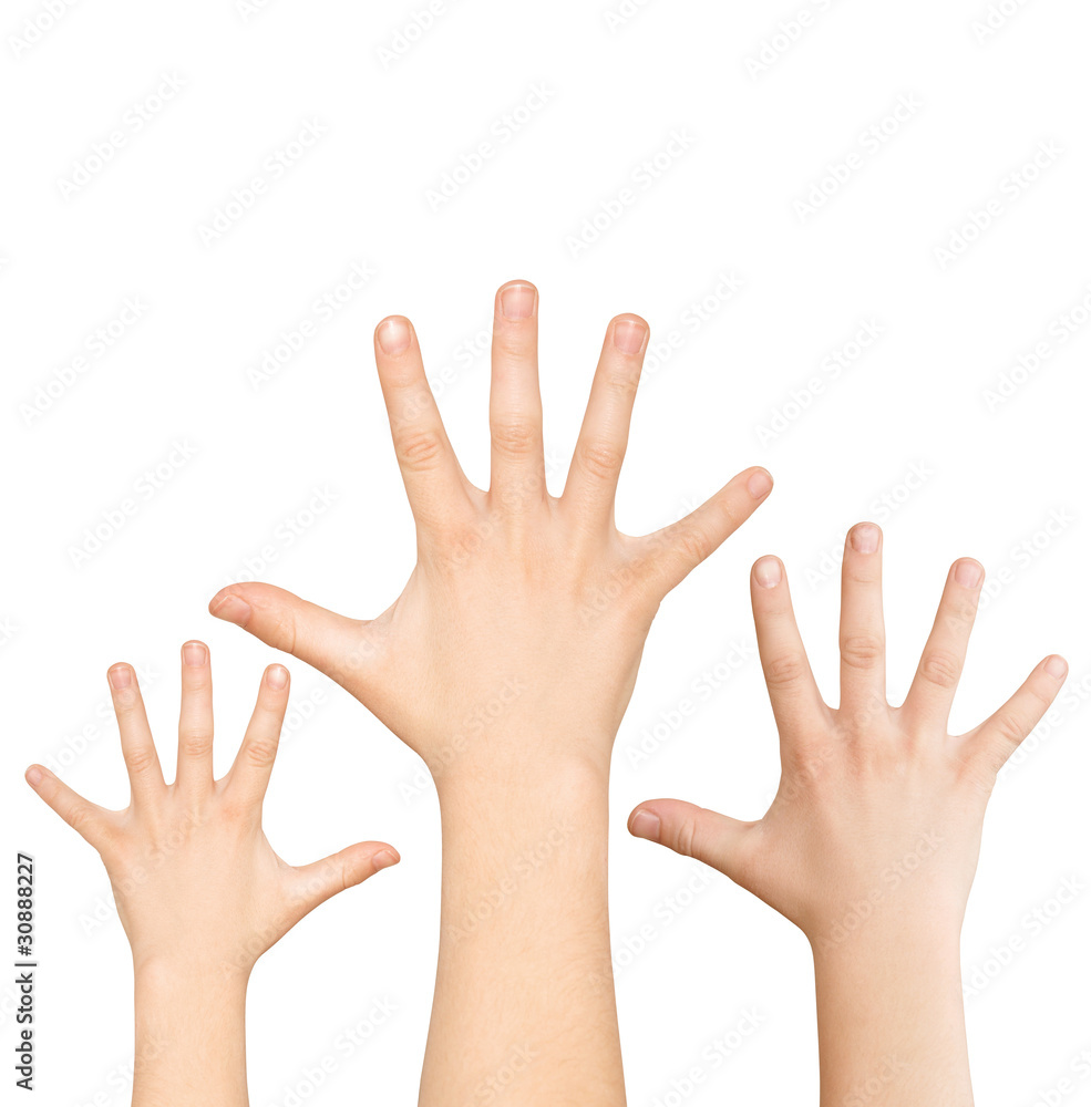 Three hands calling for help, clipping path Three hands calling for help, clipping path