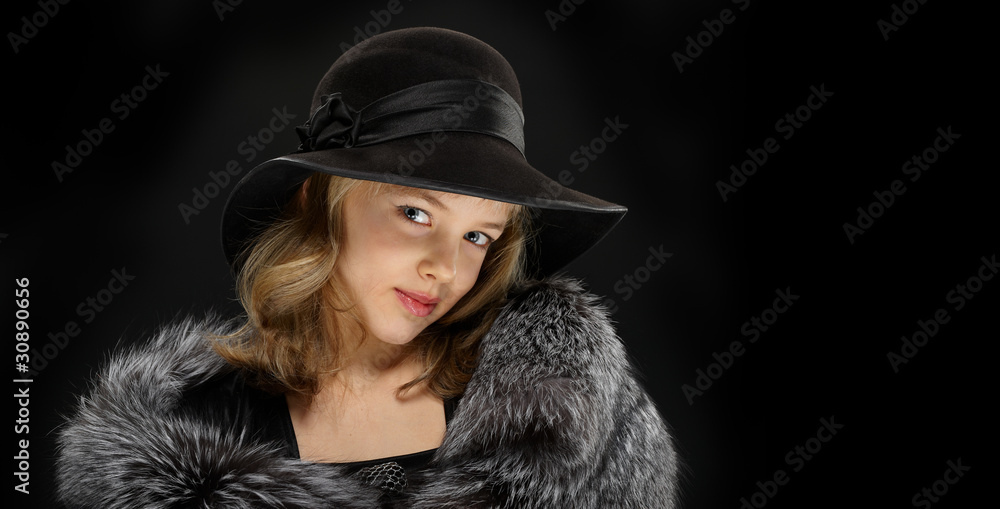 Portrait beautiful young lady in grey fur and hat Portrait beautiful young lady in grey fur and hat