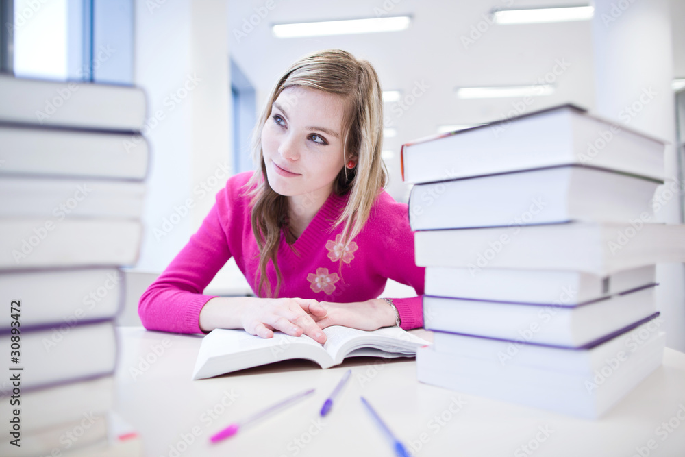 in the library - pretty, female student with laptop and books in the library - pretty, female student with laptop and books