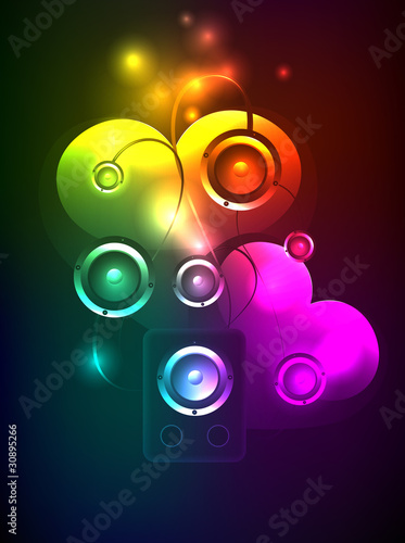 Abstract background with Vector Loudspeakers and hearts. A vecto