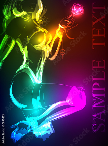 Hand-drawn fashion model from a neon. Vector illustration. A lig