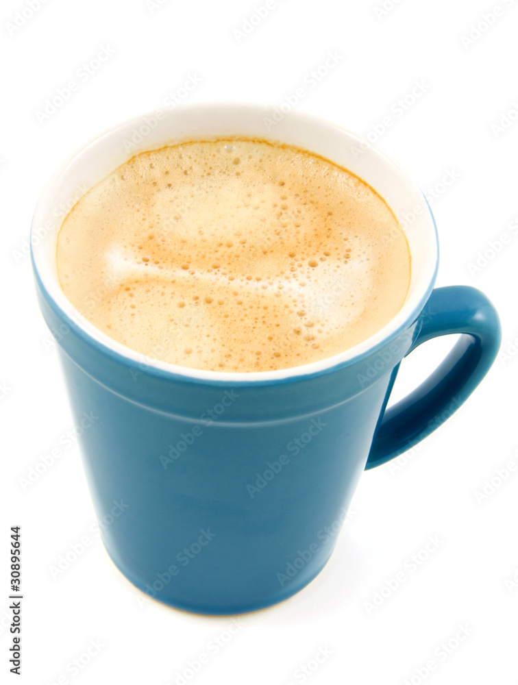 Coffee in blue cup over white background Coffee in blue cup over white background