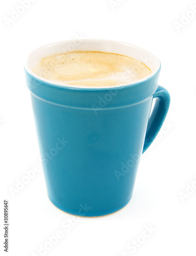 Coffee in blue cup over white background
