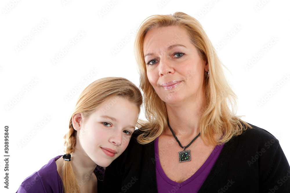 mother and daughter posing over white background mother and daughter posing over white background