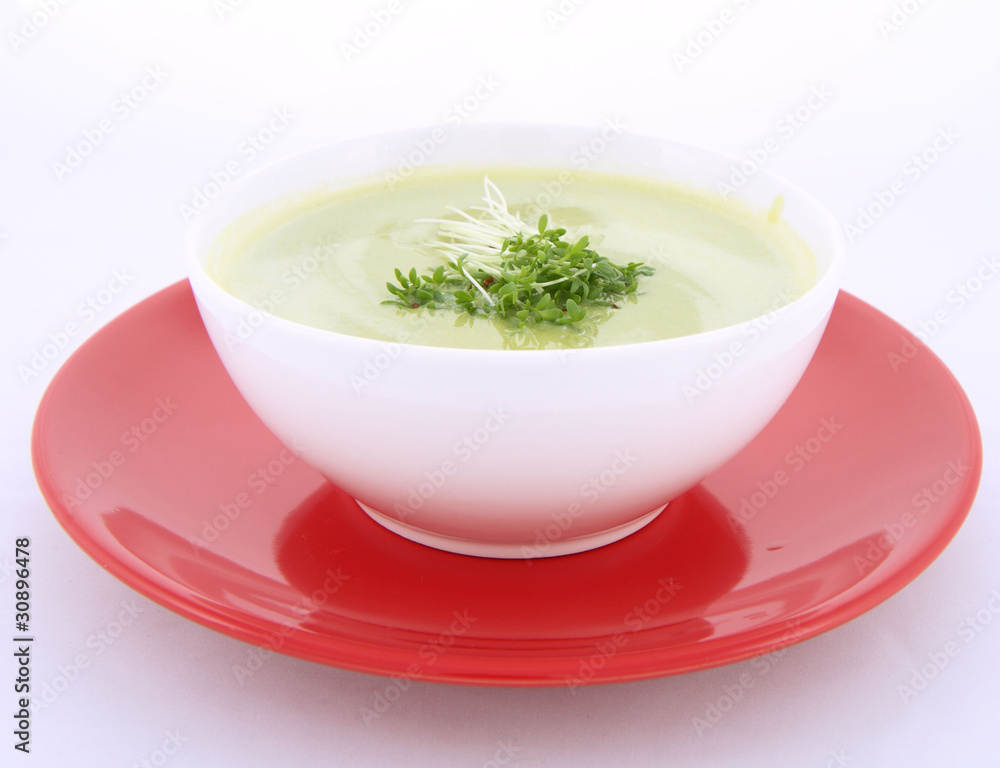 Pea and mozzarella soup decorated with some cress Pea and mozzarella soup decorated with some cress