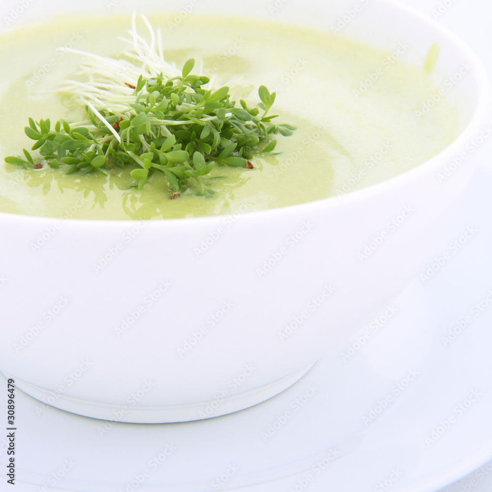 Pea and mozzarella soup decorated with some cress Pea and mozzarella soup decorated with some cress