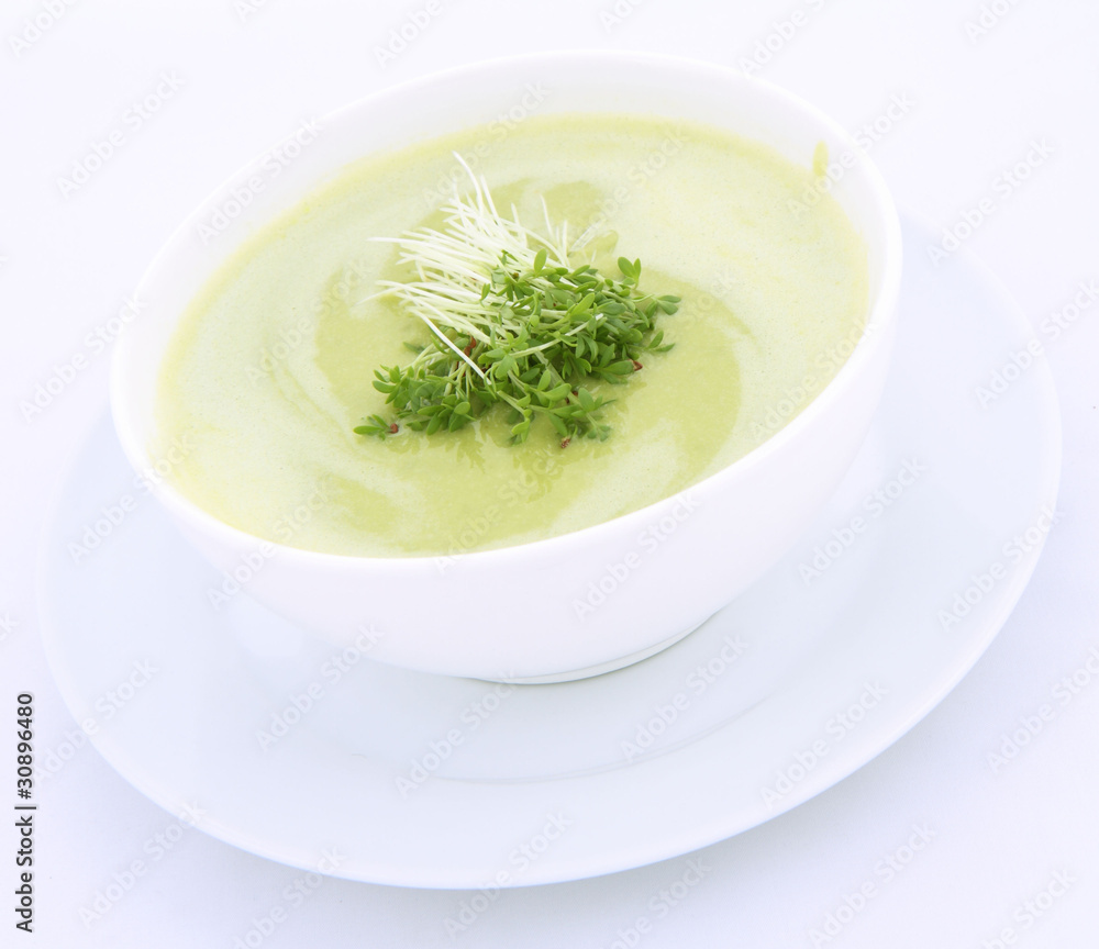 Pea and mozzarella soup decorated with some cress Pea and mozzarella soup decorated with some cress