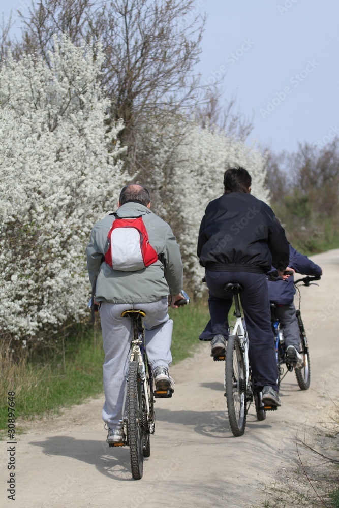 en famille à vélo sur un sentier fleuri