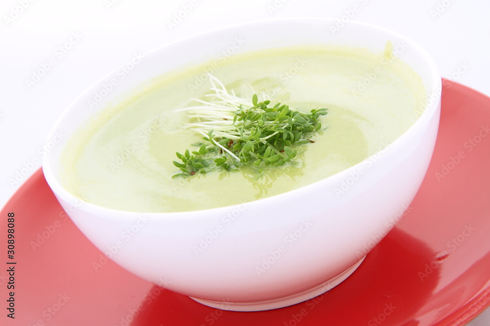 Pea and mozzarella soup decorated with cress Pea and mozzarella soup decorated with cress