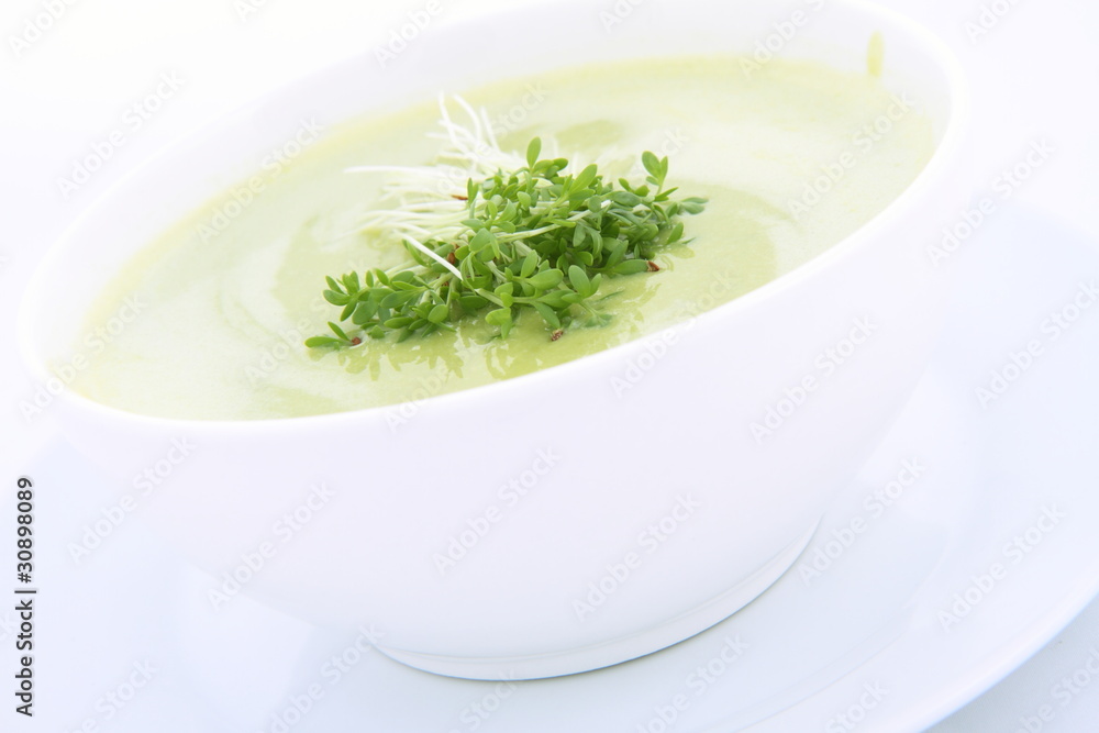 Pea and mozzarella soup decorated with cress Pea and mozzarella soup decorated with cress