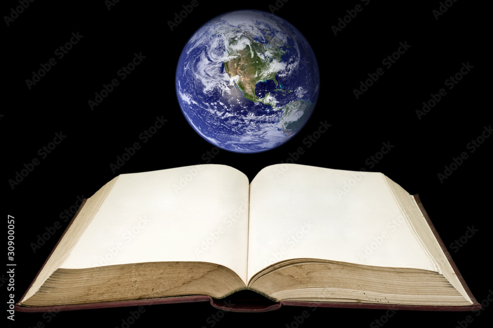 Fototapeta premium Old book with the earth on black background