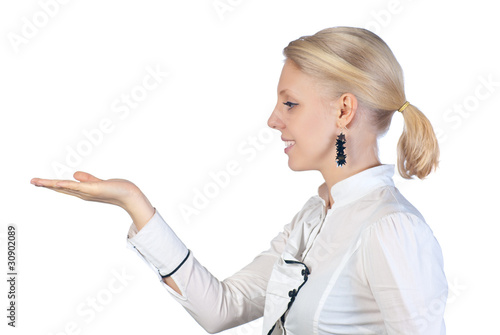 Businesswoman holds palm