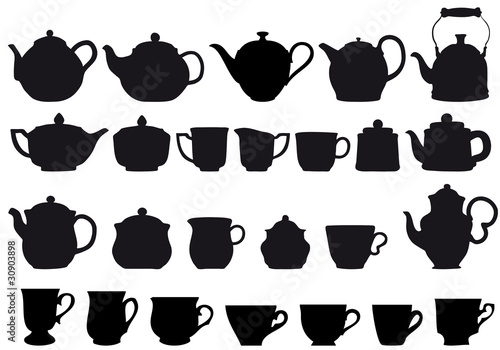 coffe and tea pots with cups, vector