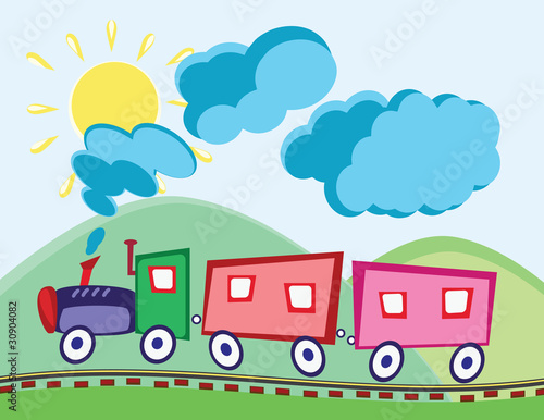 steam locomotive and waggons in cartoon animated style