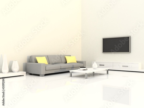 Interior of the modern room, white wall and grey sofa © Didem Hizar