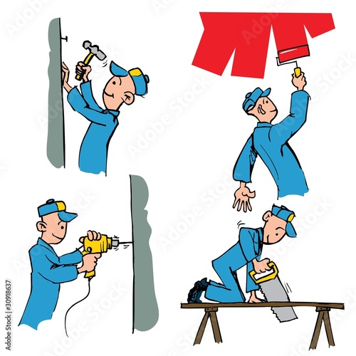 Cartoon set of workman doing different DIY chores