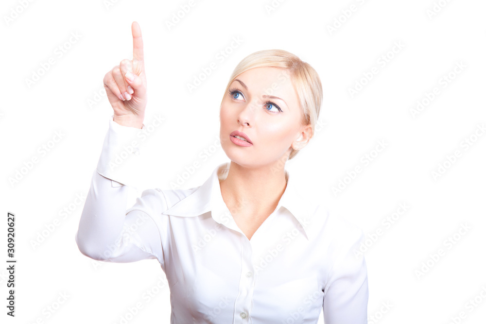 Businesswoman pointing her finger, hand on virtual touch screen Businesswoman pointing her finger, hand on virtual touch screen