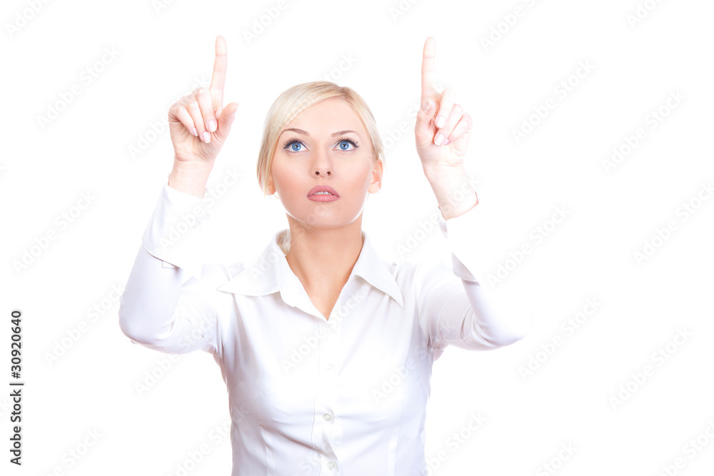 Businesswoman pointing her finger, hand on virtual touch screen Businesswoman pointing her finger, hand on virtual touch screen