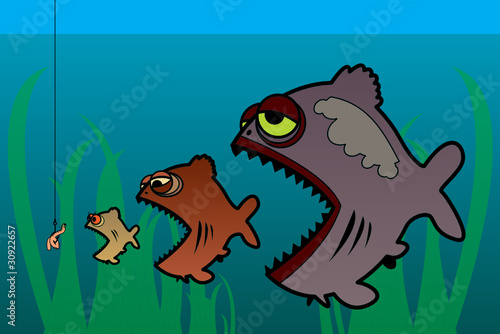Three fishes and worm on the fishing hook