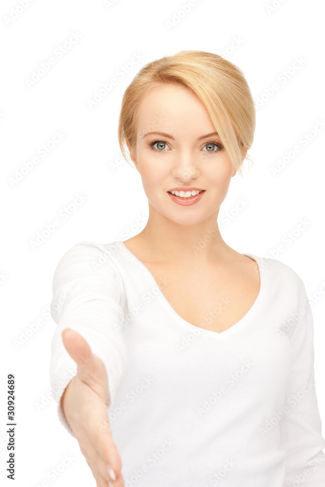 woman with an open hand ready for handshake woman with an open hand ready for handshake