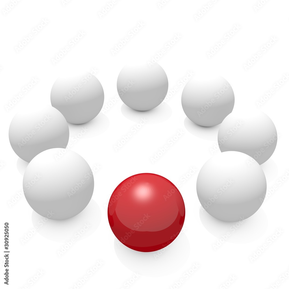 A red sphere stand out from a group of white balls