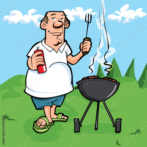 Cartoon of man having a BBQ