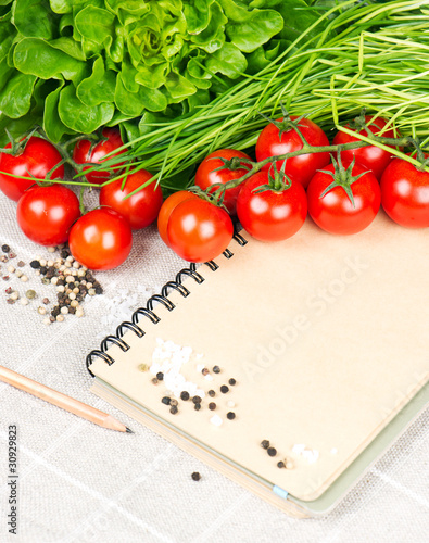 open notebook with tomatoes, chives and spices