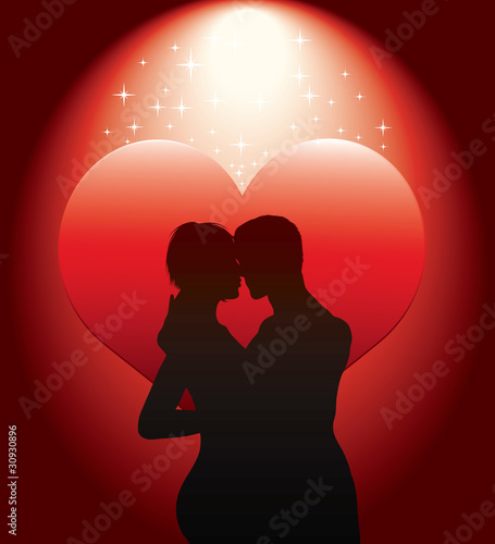 sexy couple silhouette with red heart