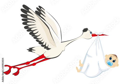 A cartoon illustration of a stork delivering a newborn baby boy