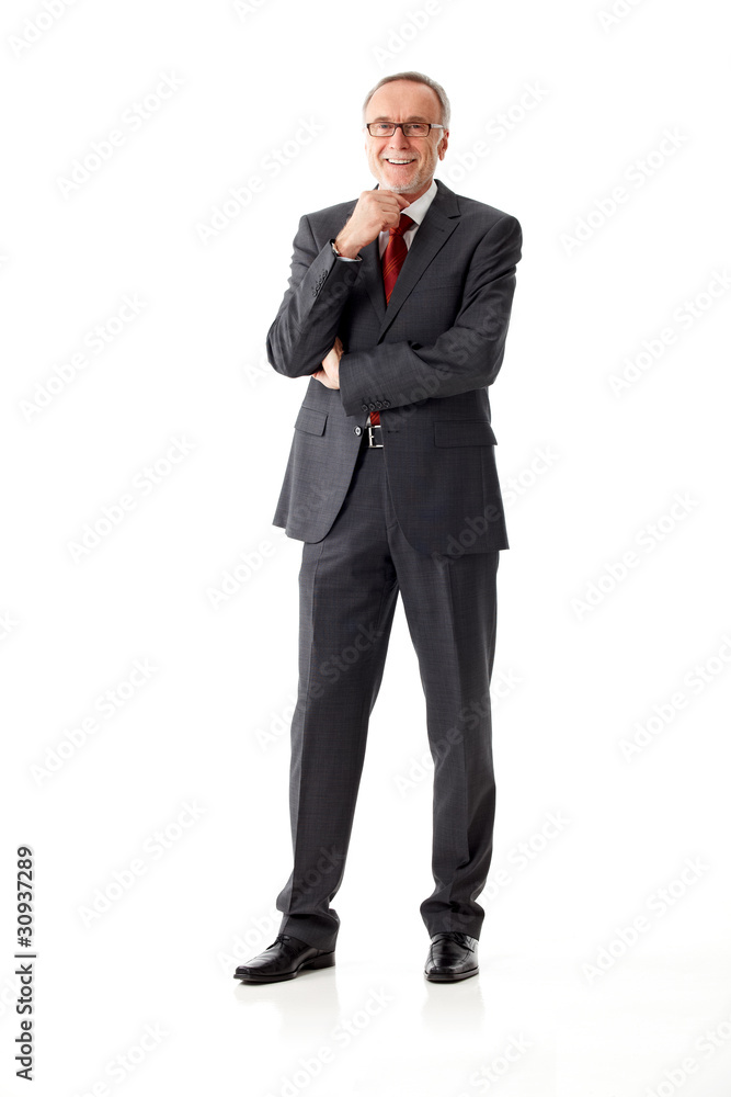 Isolated mature business man, standing, hand on chin Isolated mature business man, standing, hand on chin