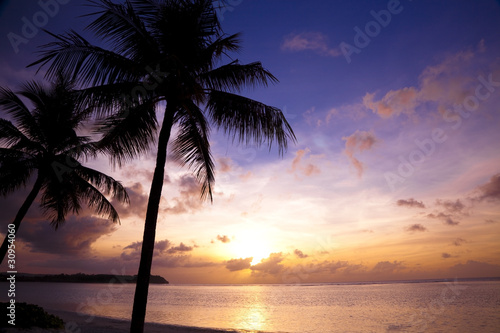 Beautiful sunset on the tropic beach and coconut palms