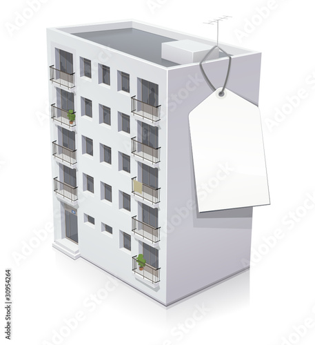 Immeuble et son étiquette de prix vierge (reflet)