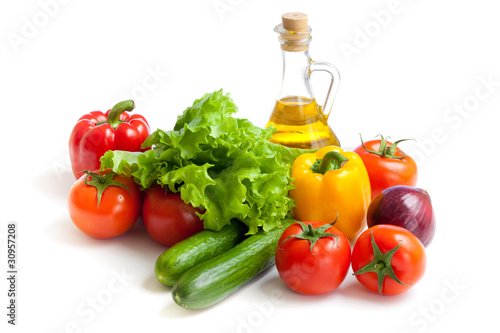 fresh vegetables and oil still life isolated