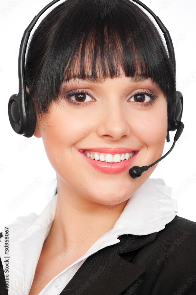 smiley telephone operator over white smiley telephone operator over white