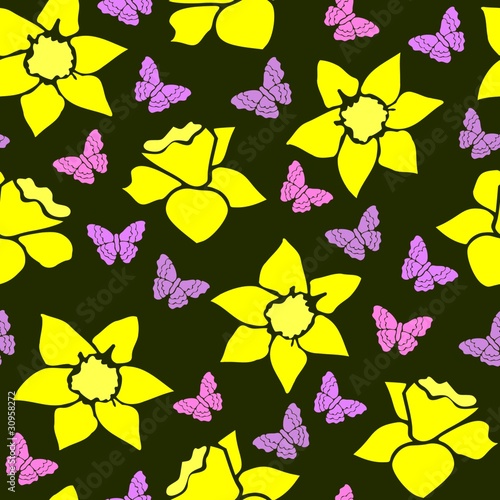 Seamless pattern with daffodils and butterflies