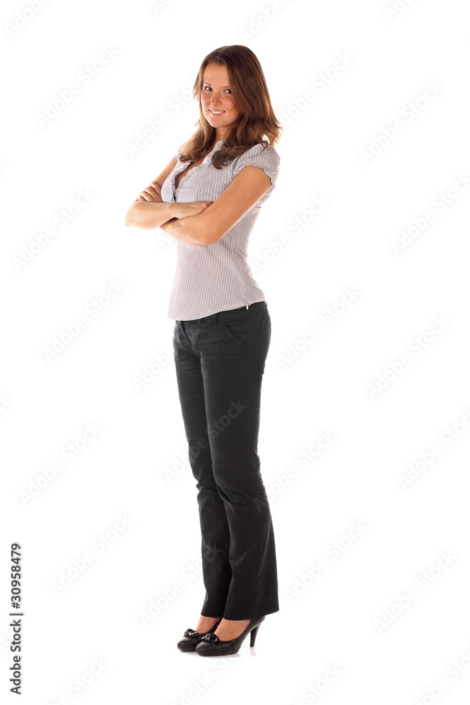 Young smiling female standing on white background Young smiling female standing on white background