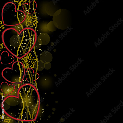 abstract black background with red hearts on the golden waves